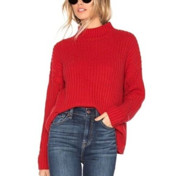Revolve Lovers and Friends Women’s Sweater Chunky Knit Shredded Distressed Red - Picture 3 of 11